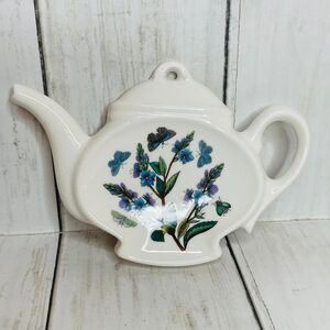 Portmeirion Teapot Shaped Tea Bag Spoon Holder Blue Purple Flowers & Butterflies